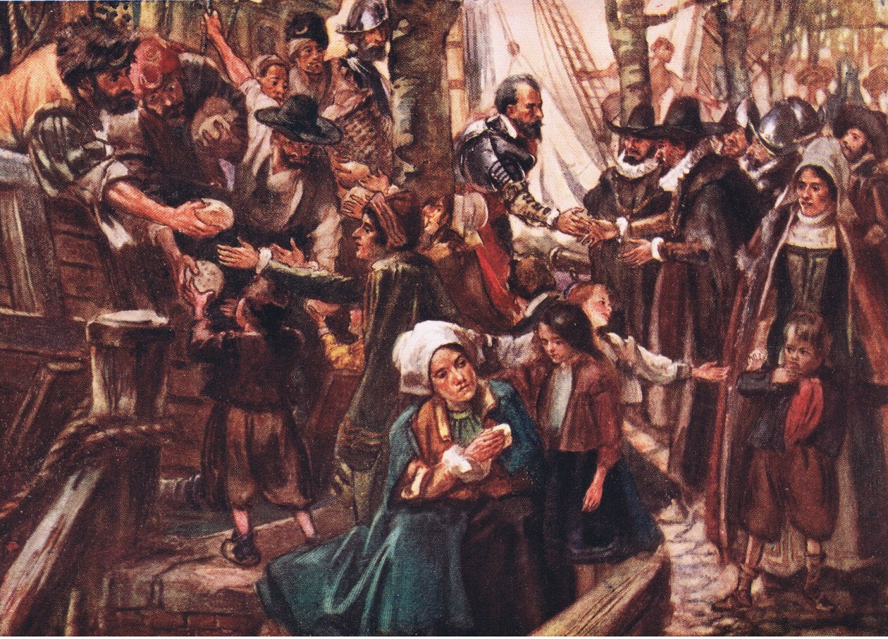 The quays were lined with famishing folk, illustration from Romance of History: The Netherlands, 1920s by Arthur David McCormick
