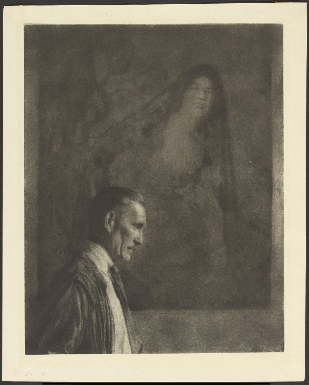 Man with Small, Neat Mustache in Profile Posed in Front of a Painting of a Woman Dressed in Spanish Costume by Arthur F. Kales