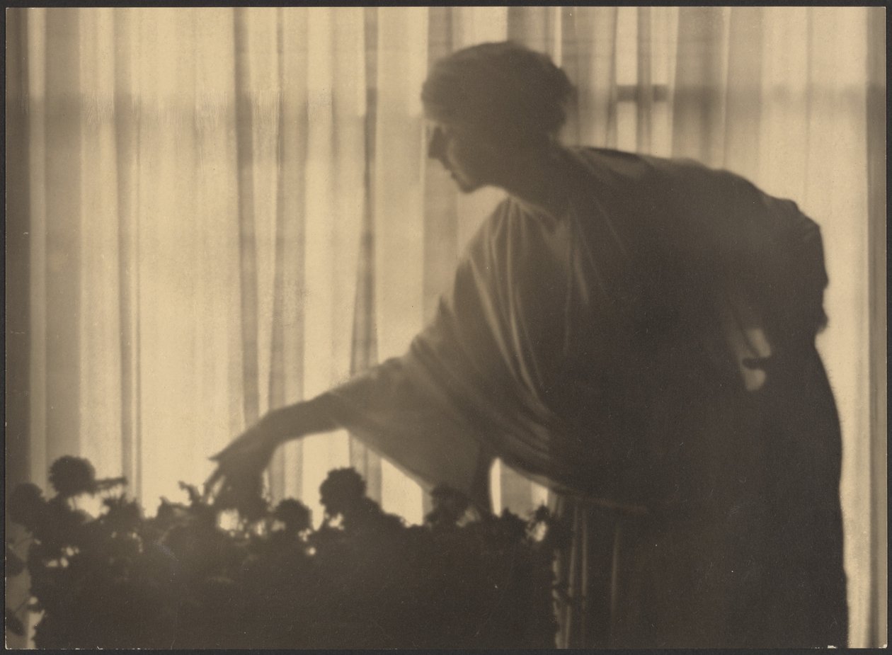Woman Tending Flowers Inside Her Apartment by Arthur F. Kales