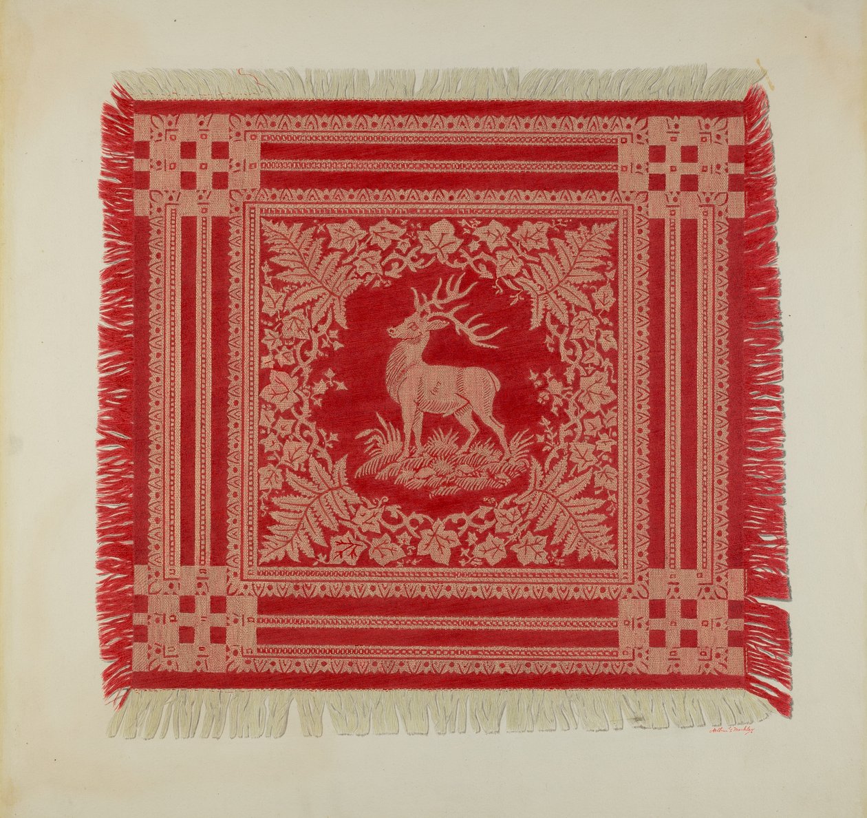 Red and White Napkin (Deer Design) by Arthur G. Merkley