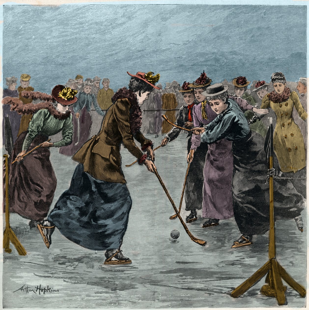 Ice Hockey: a ladies match on the lake in Wimbledon Park (later coloration) by Arthur Hopkins