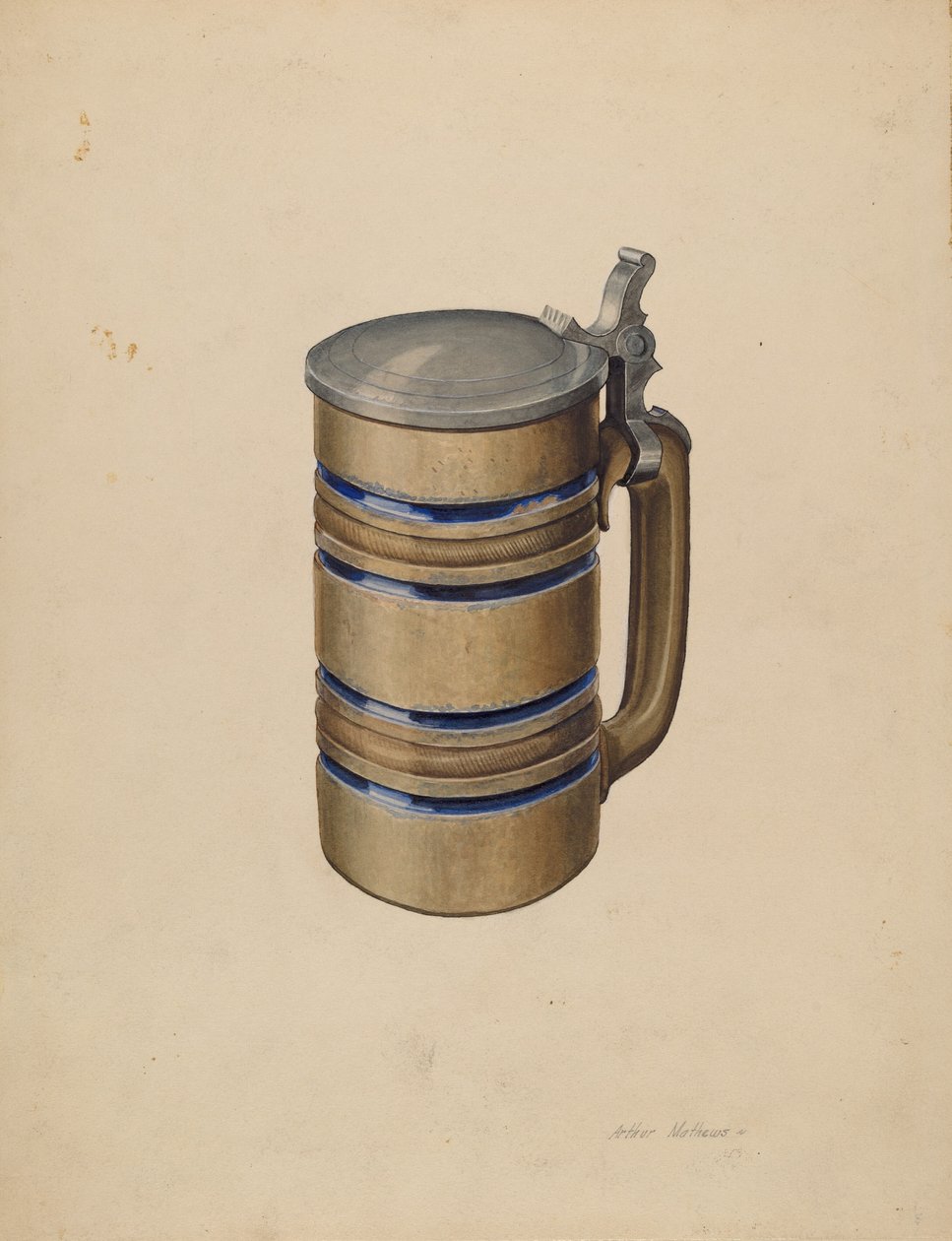 Stoneware and Pewter Beer Mug by Arthur Mathews