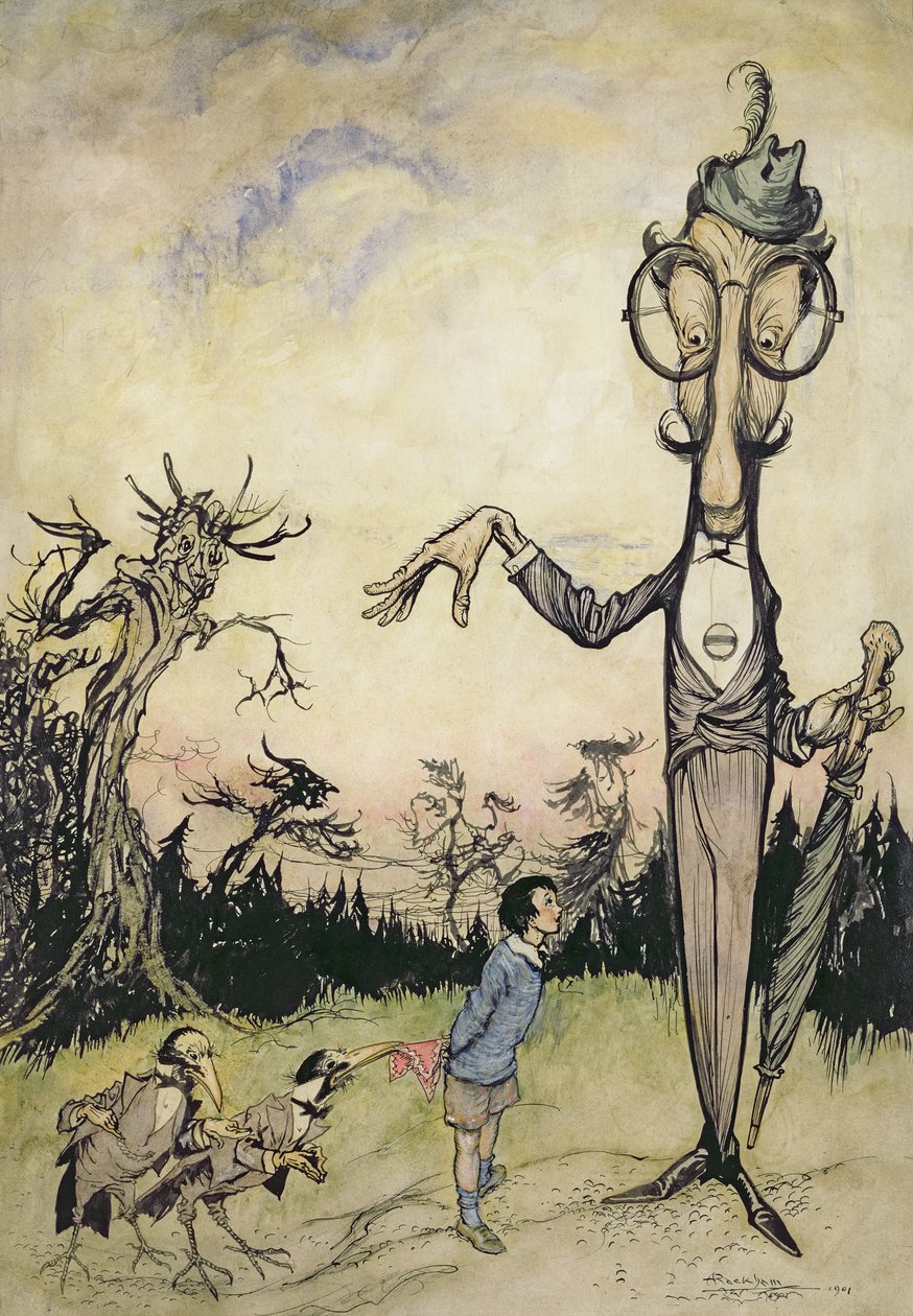 A Giant with a Child and Two Crows, illustration from The Book of Betty Barber by Maggie Brown, pub.1910 by Arthur Rackham