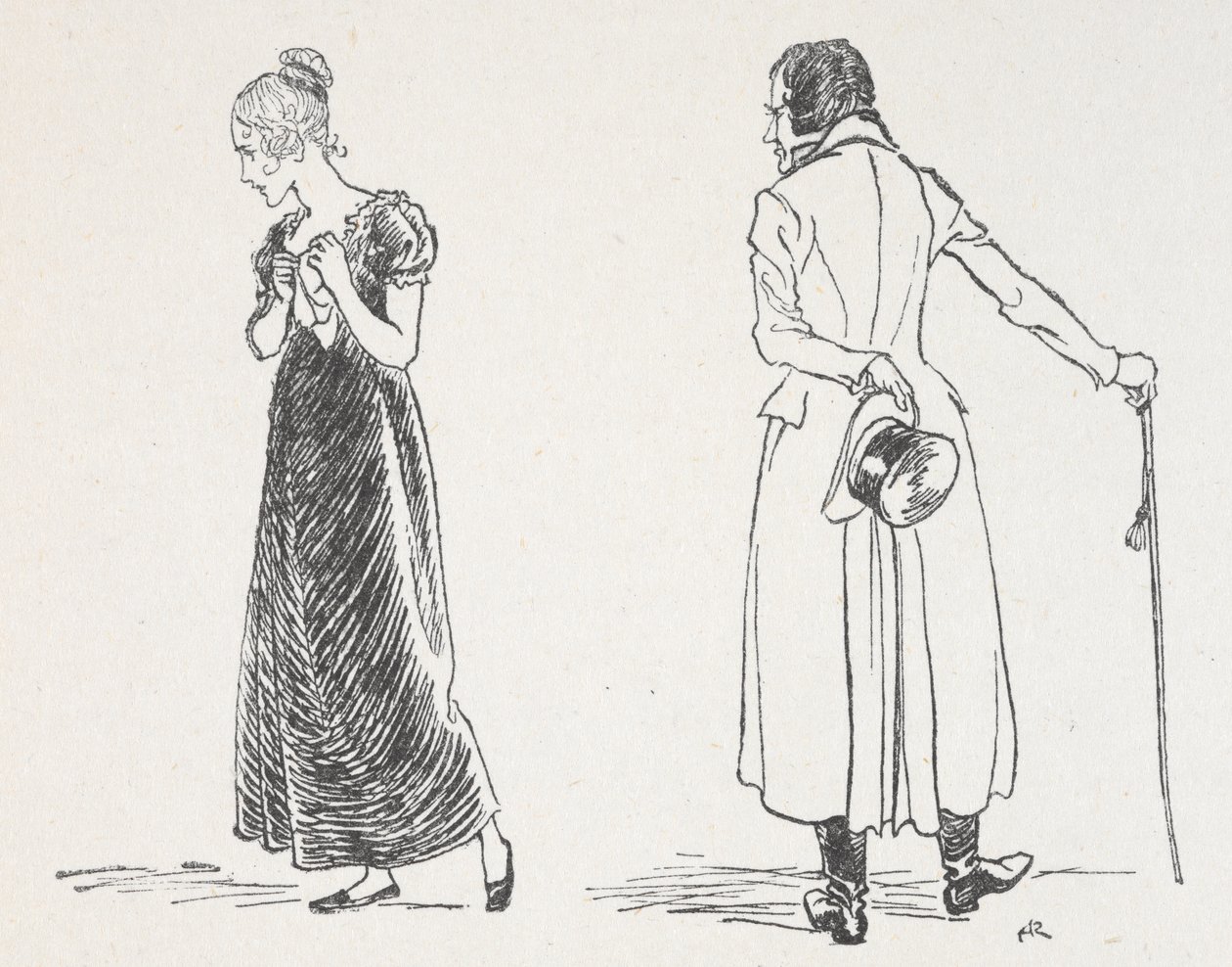 A young couple arguing, the woman having turned away clutching a handkerchief to her chest by Arthur Rackham