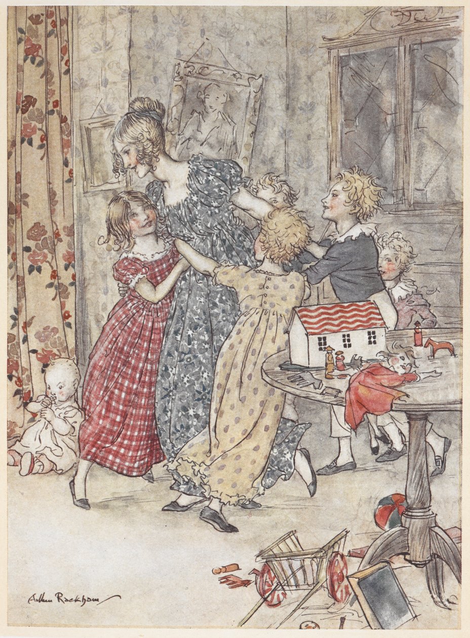 A young woman and children dancing around a playroom full of toys