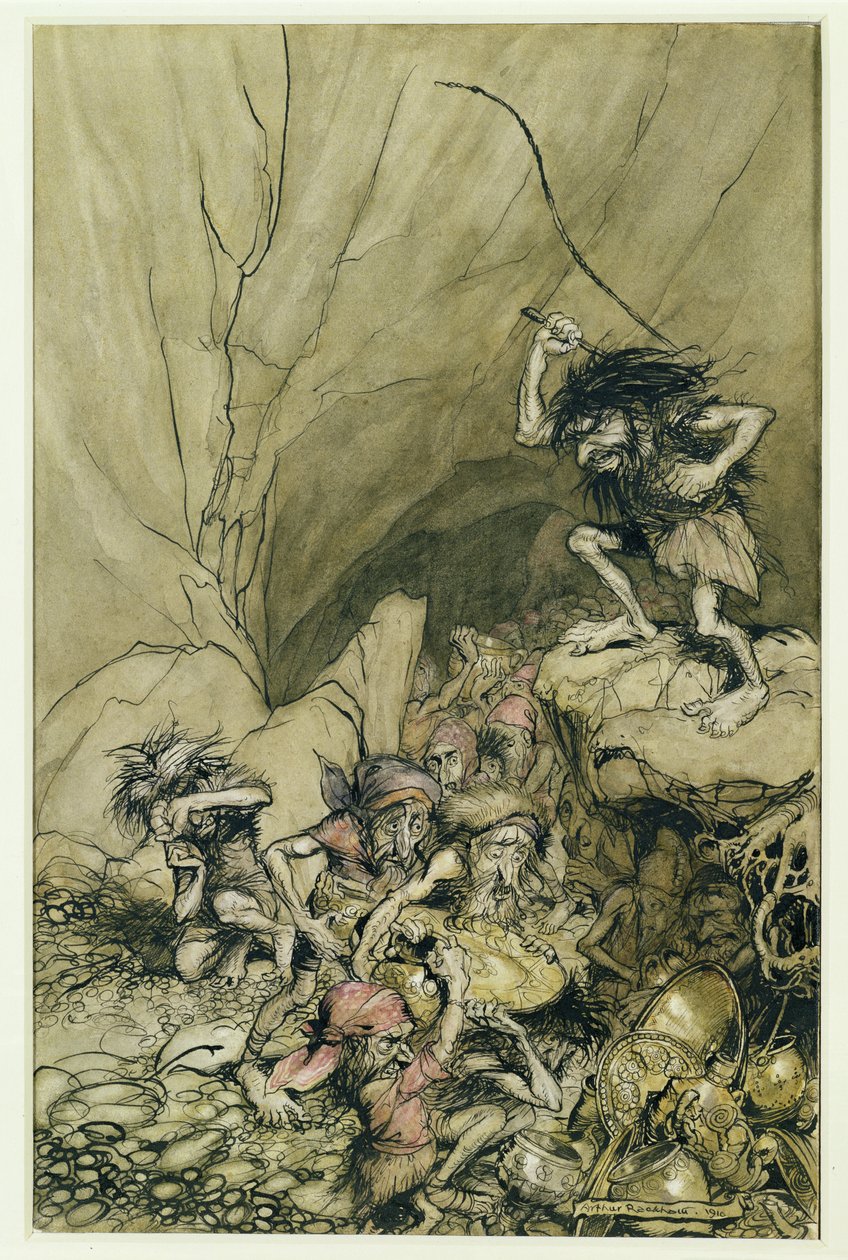 Alberich drives in a band of Nibelungs laden with gold and silver treasure, an illustration from The Rheingold and the Valkyrie by Richard Wagner, pub. 1910 by Arthur Rackham