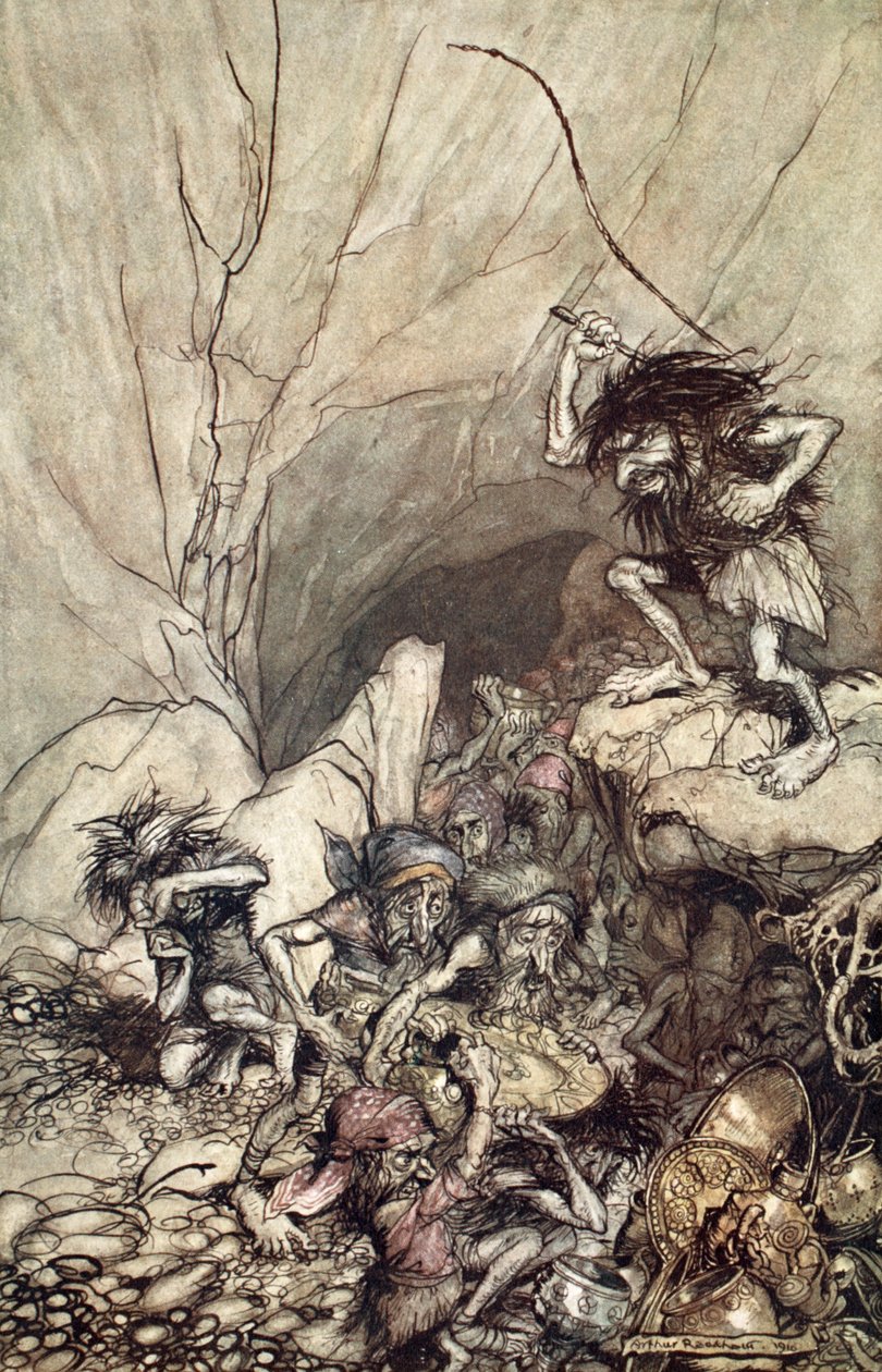 Alberich drives in a band of Nibelungs with gold and silver treasures by Arthur Rackham