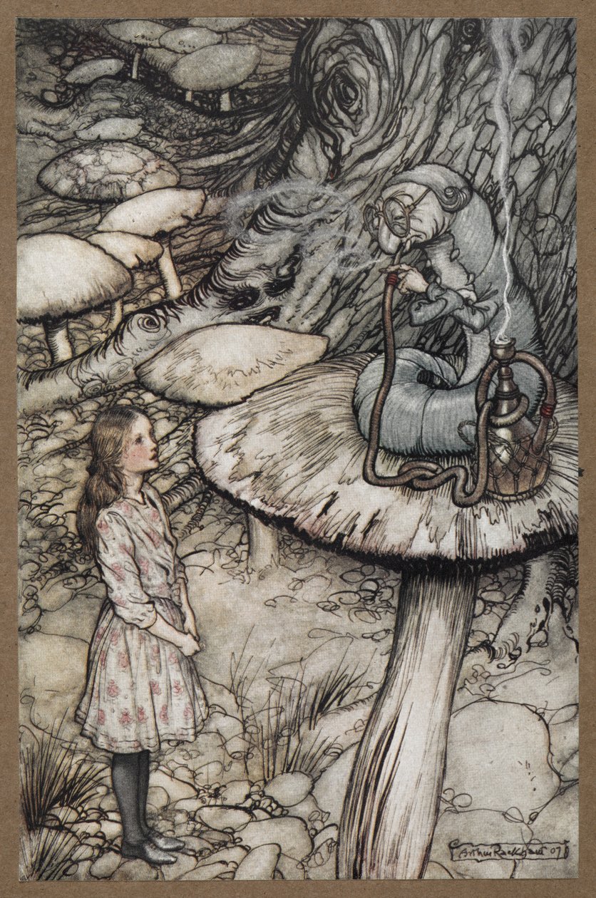 Alice talking to the Caterpillar who is sitting on a mushroom smoking a pipe by Arthur Rackham