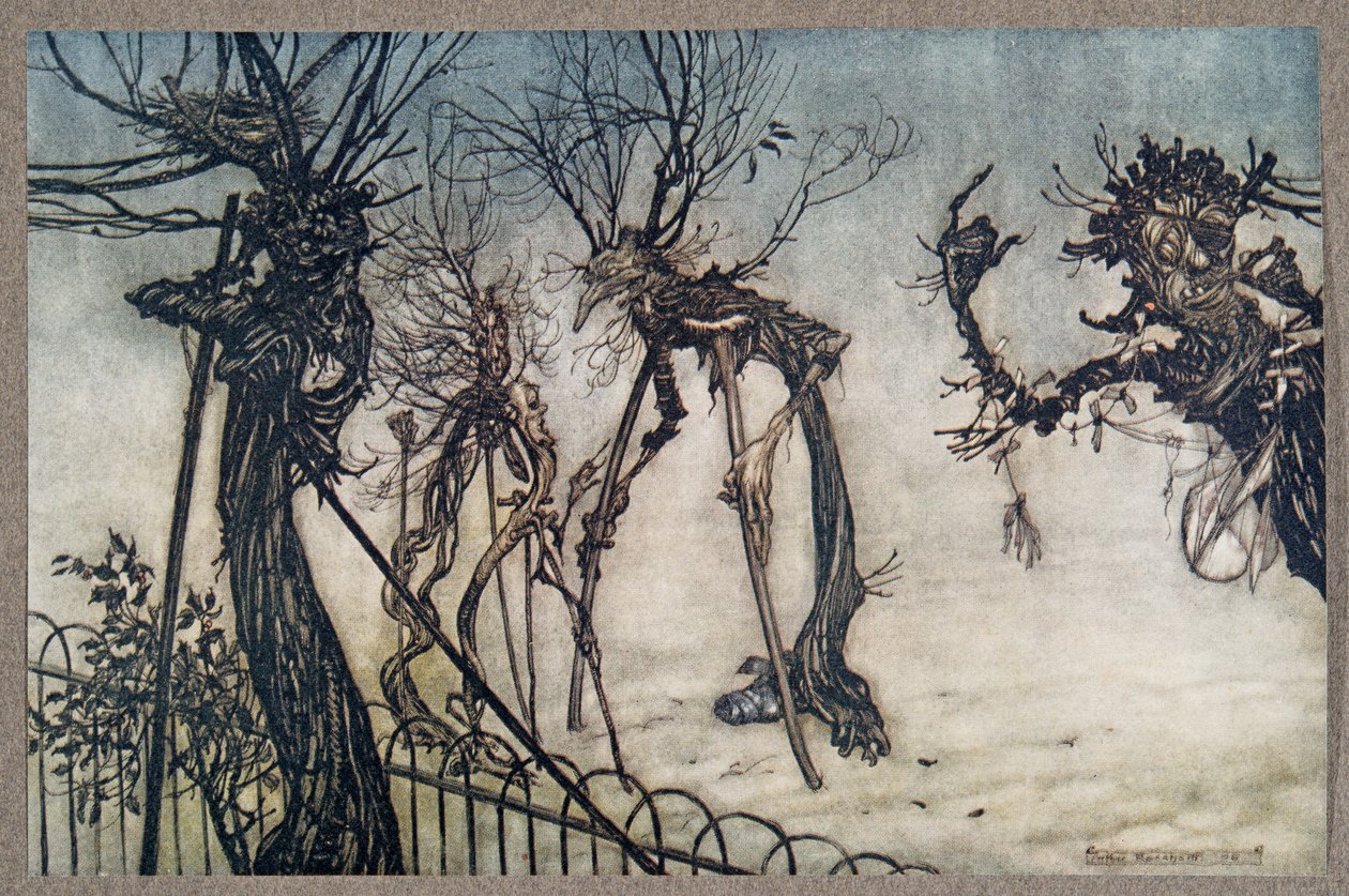 An Elderberry hobbled across the walk, and stood chatting with some young children, from Peter Pan in Kensington Gardens by J.M. Barrie, pub. 1906 by Arthur Rackham