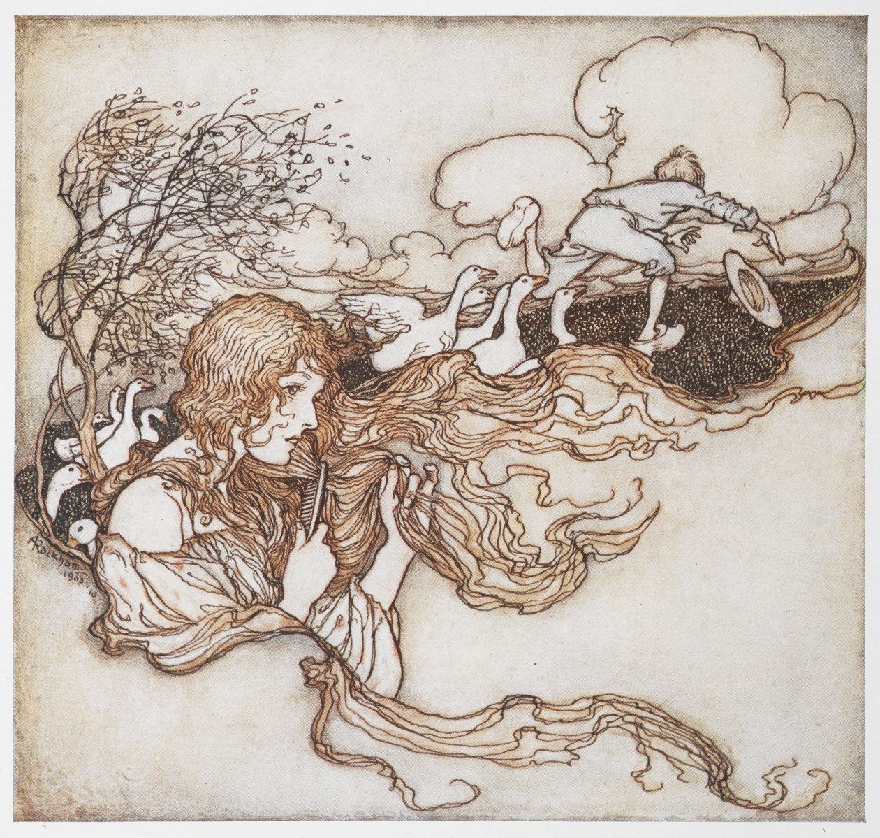 An Illustration of a Girl Brushing Her Hair with Geese and a Boy in the Background, from The Goosegirl. by Arthur Rackham