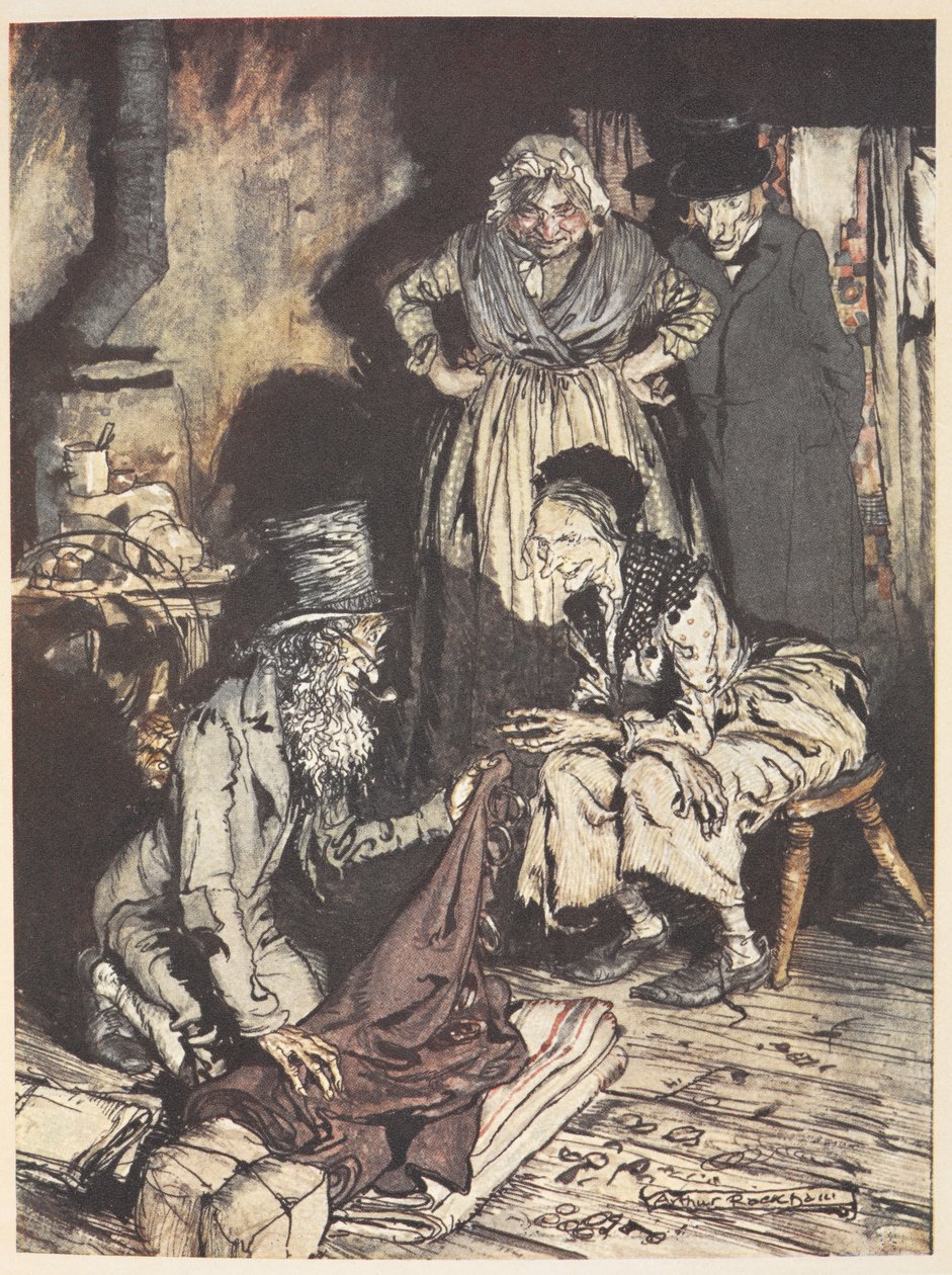 An old family inside their house with a man offering them curtains by Arthur Rackham