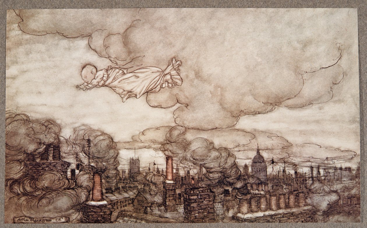 Away he flew right over the houses to the Gardens, from Peter Pan in Kensington Gardens by J.M. Barrie, pub. 1906 by Arthur Rackham