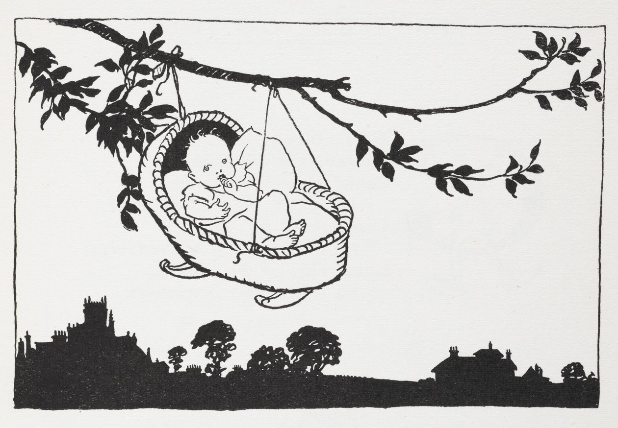 Baby in a cot hanging from a branch by Arthur Rackham