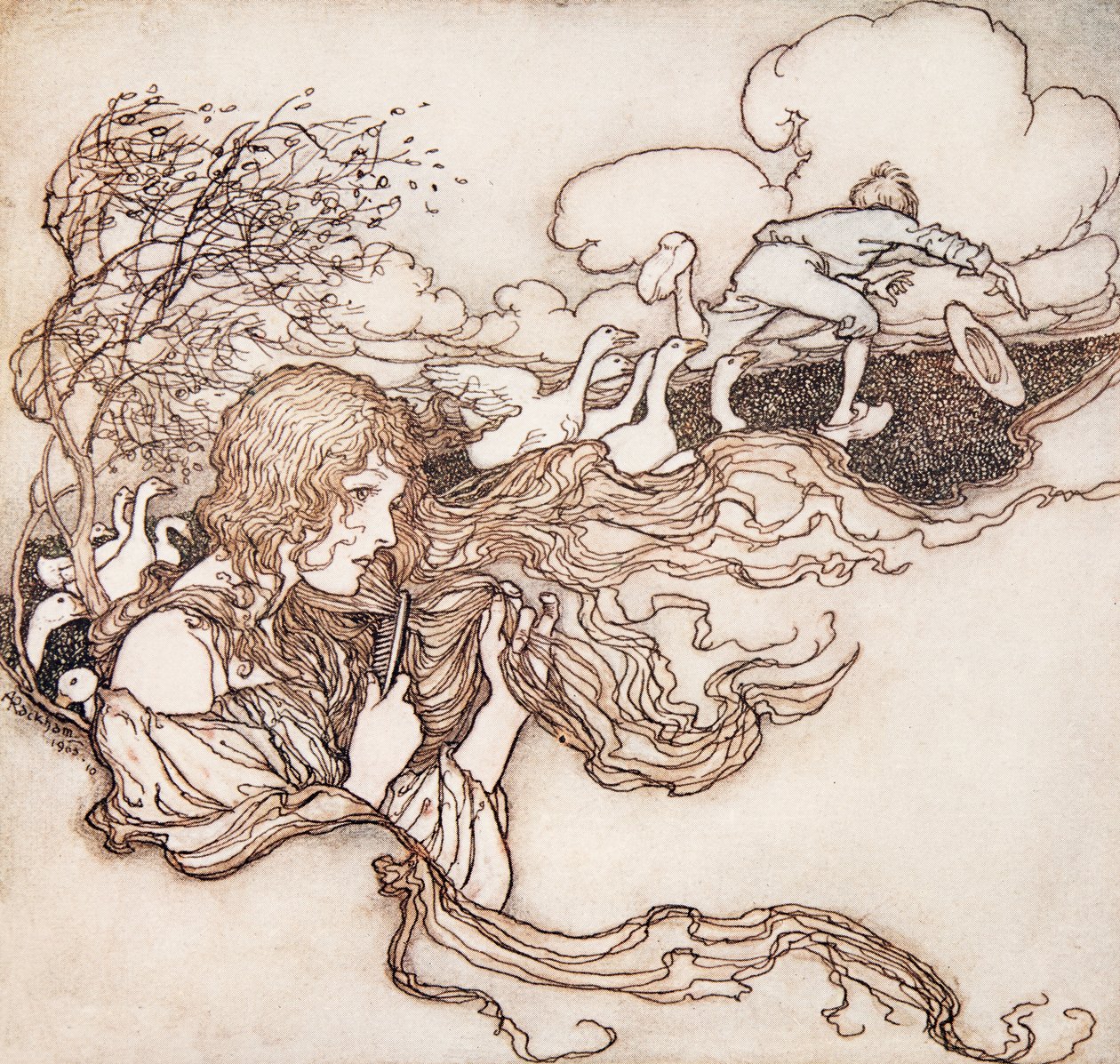 Blow, blow, little breeze, and Conrads hat seize by Arthur Rackham