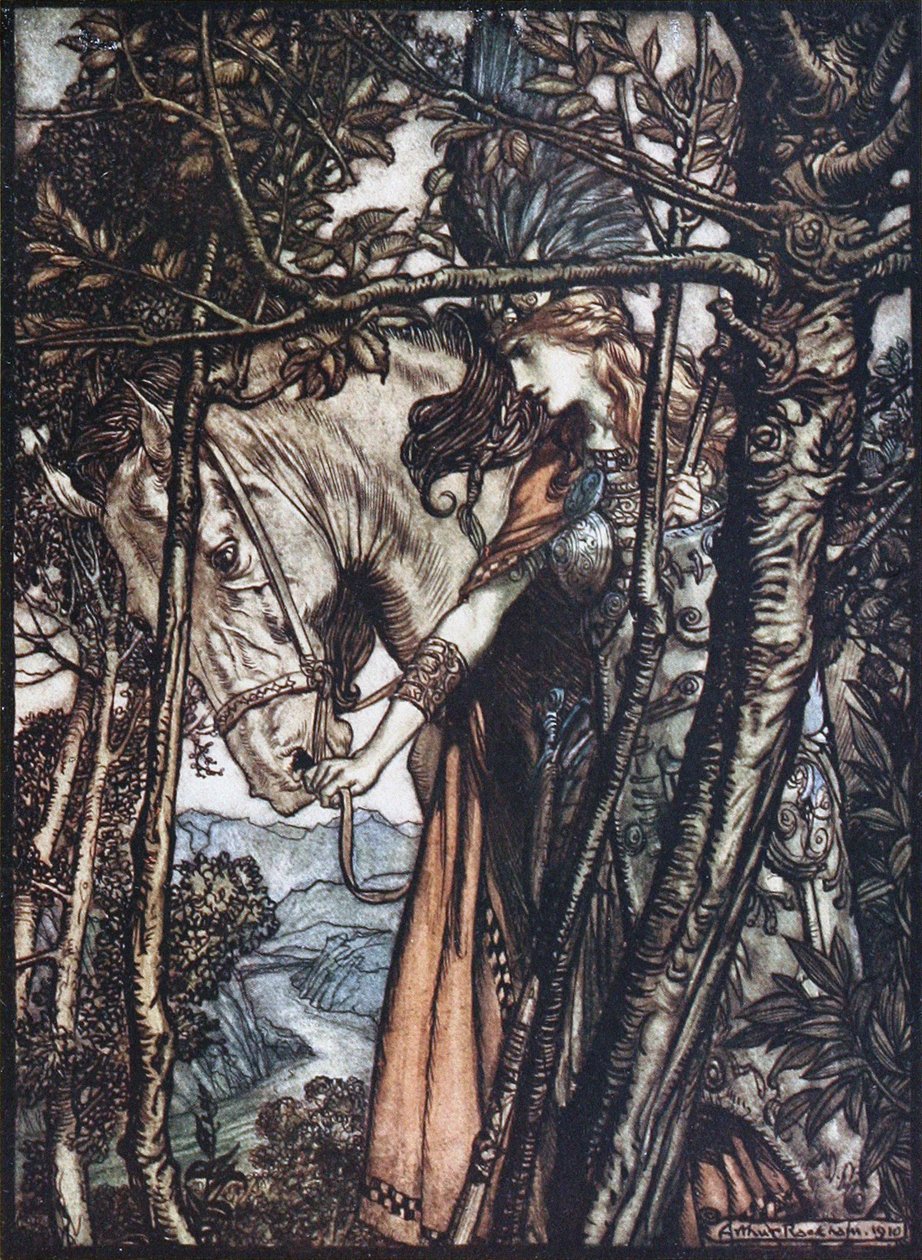 Brünnhilde leads her horse by the bridle (Illustration for The Rhinegold and The Valkyrie) by Arthur Rackham
