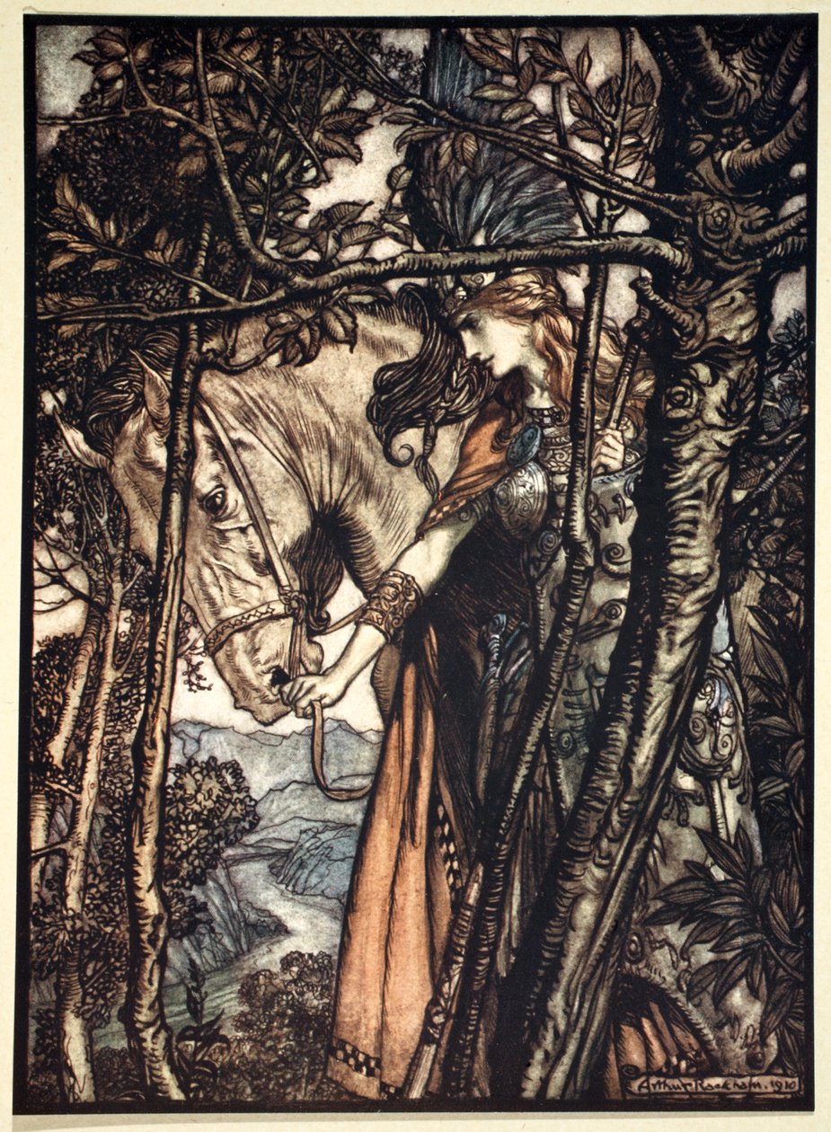 Brunnhilde slowly and silently leads her horse down the path to the cave