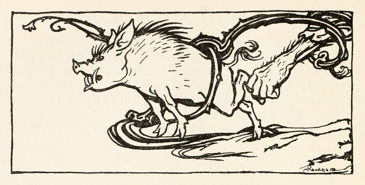 Carl catching a wild boar for his supper, from The Carl of the Drab Coat in Irish Fairy Tales by Arthur Rackham