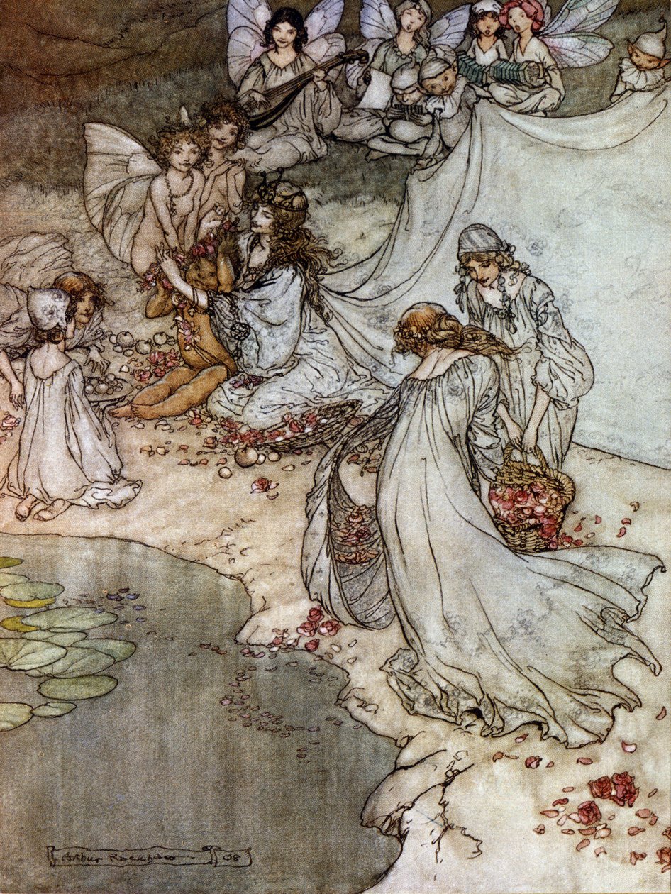 Elves making rose necklaces. Illustration by Arthur Rackham for The Dream of a Summer Night by William Shakespeare by Arthur Rackham