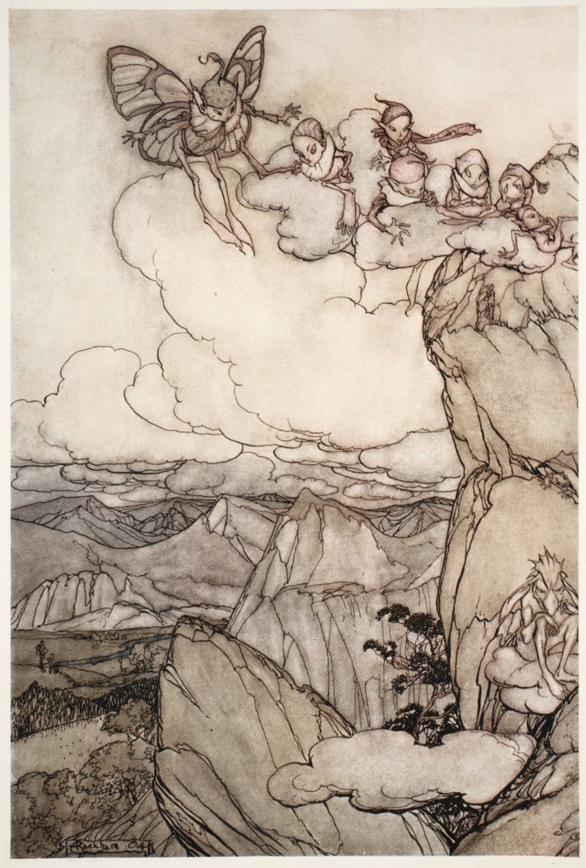 Fairies in mountains, from Rip Van Winkle by Washington Irving, pub. 1910 by Arthur Rackham