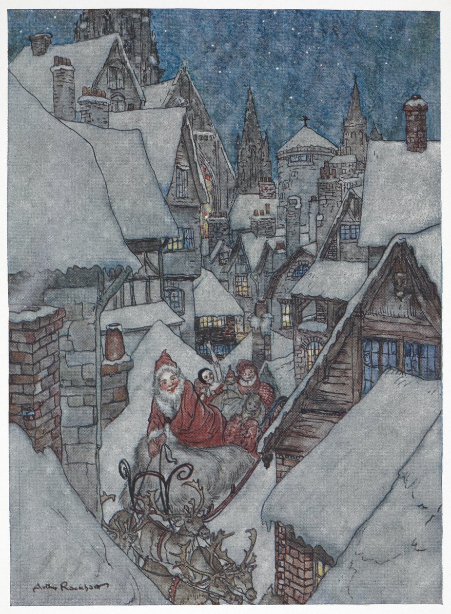 Father Christmas travelling through snowy streets on his sleigh by Arthur Rackham