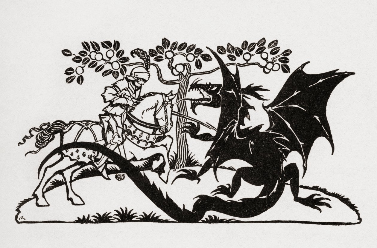George and the Dragon. From the book English Fairy Tales retold by F.A. Steel with illustrations by Arthur Rackham, published 1927 by Arthur Rackham