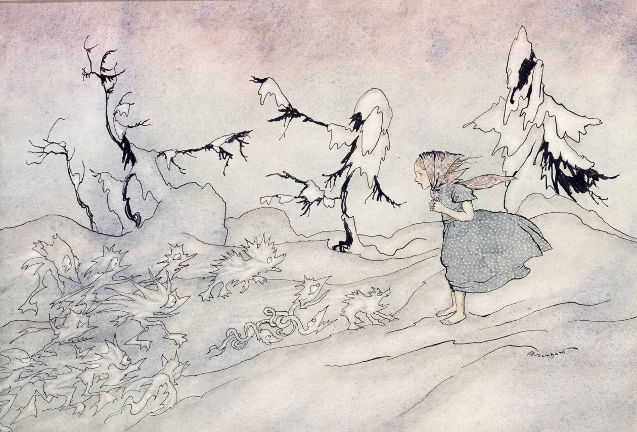 Gerda is terrified by the Snow Queens advance guard, but she said Our Father and is rescued by little bright angels, illustration from The Snow Queen by Hans Christian Andersen by Arthur Rackham