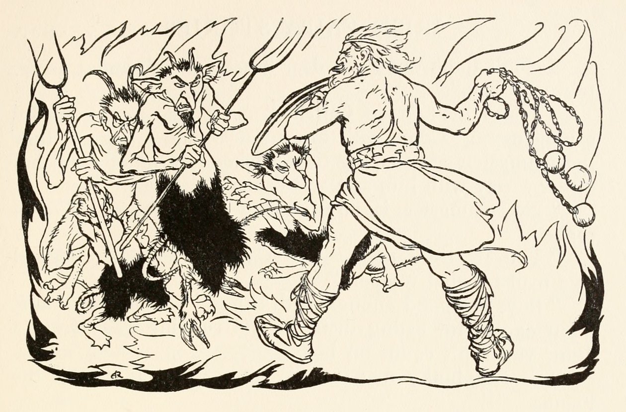 Goll mac Morna assaulting hell to rescue Fionn and the Fianna-Finn, from The Little Brawl at Allen in Irish Fairy Tales by Arthur Rackham