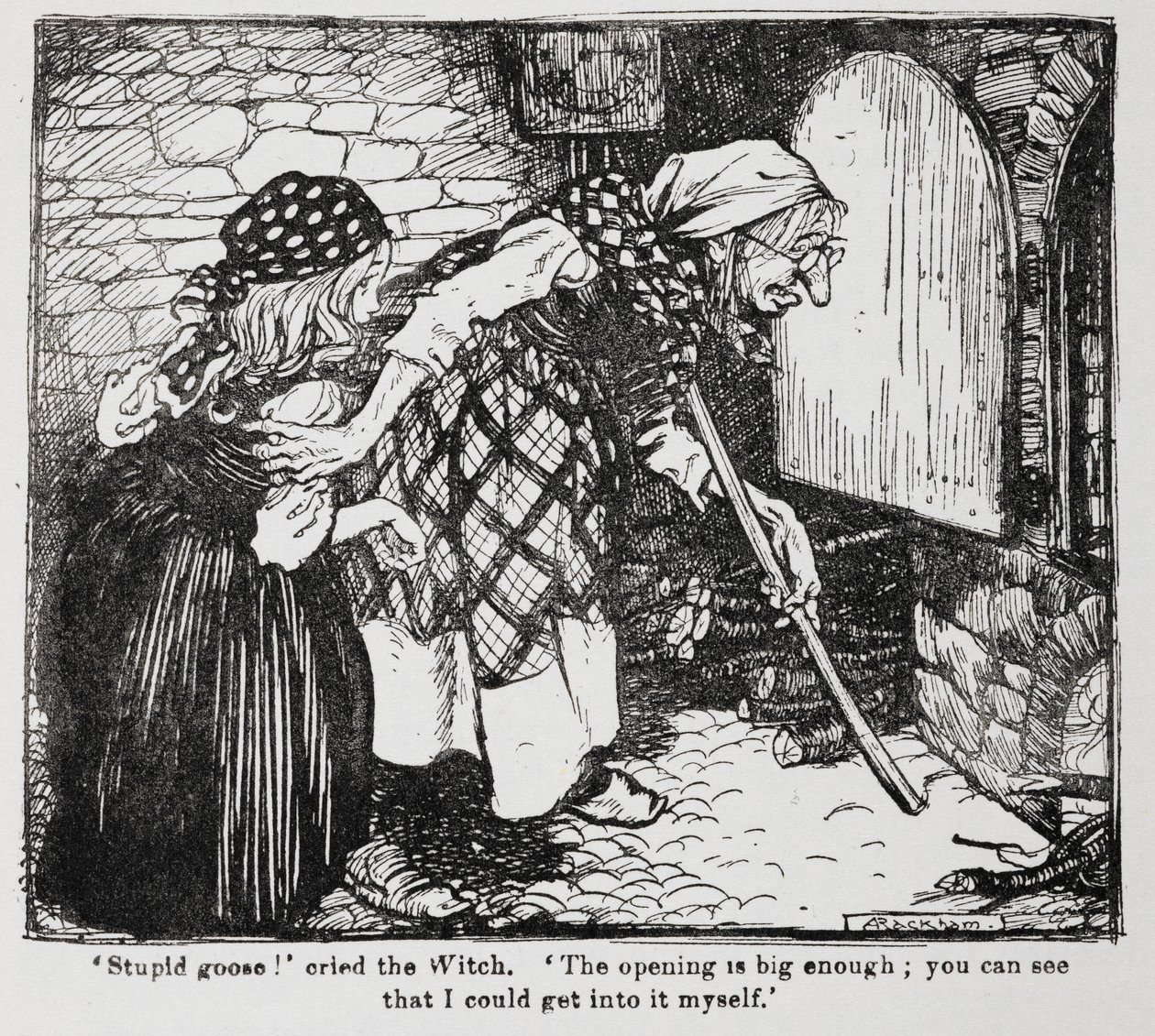 Grethel and the old witch by the oven from Hansel and Grethel by Arthur Rackham