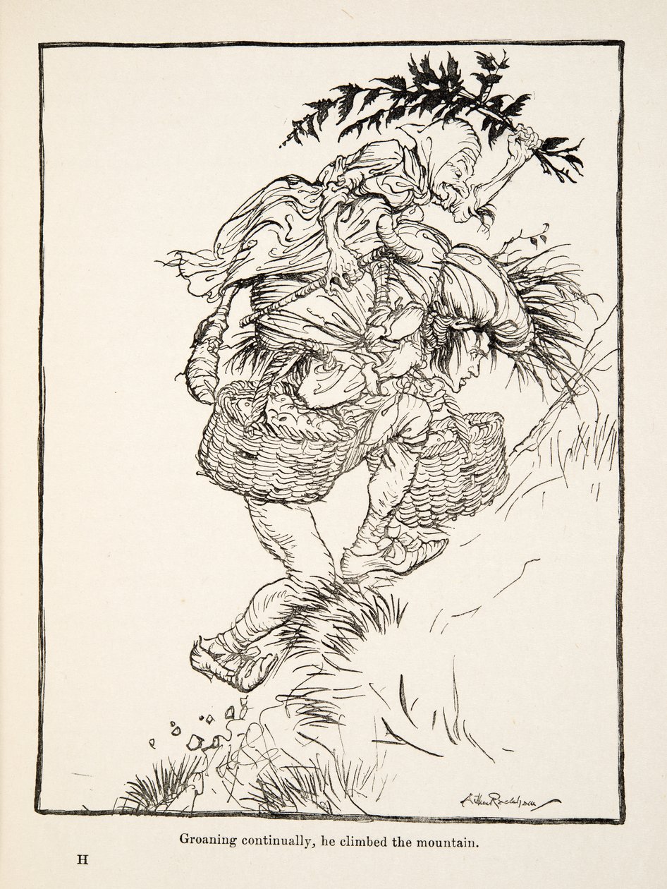 Groaning continually, he climbed the mountain, from Little Brother & Little Sister and Other Tales by the Brothers Grimm, pub.1917 by Arthur Rackham