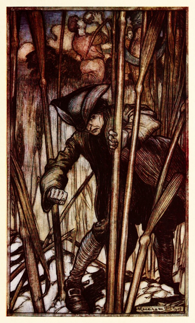 Gulliver is struck with fear at first sight of the Brobdingnagian reapers from Part II: A Voyage to Brobdingnag in Gulliver