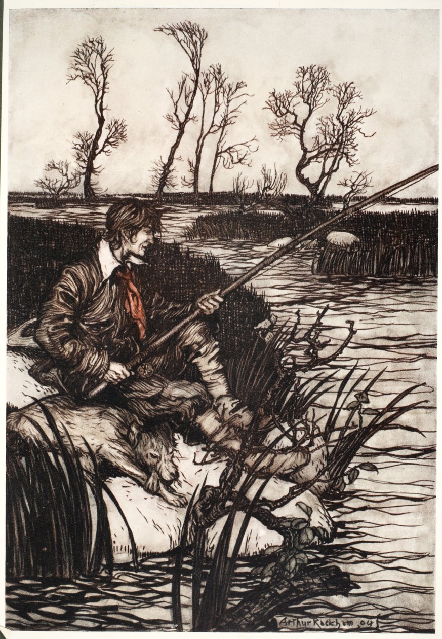 He would sit on a wet rock and fish all day, from Rip Van Winkle by Washington Irving by Arthur Rackham