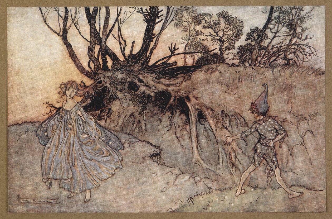 How now, spirit! Whither wander you? Puck and a fairy. A scene from 