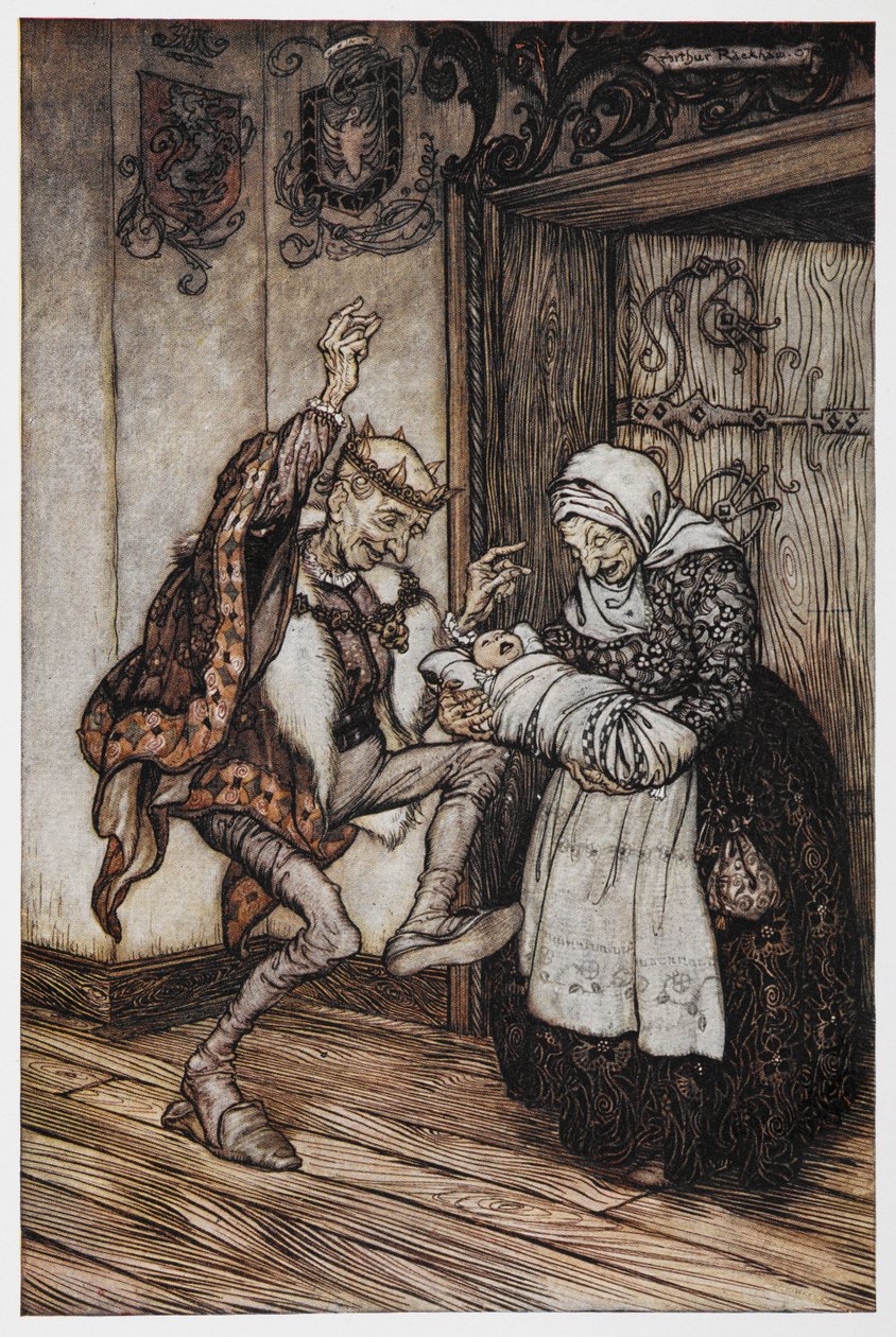 Illustration from Briar Rose of an Elderly King and Queen and Their Baby. by Arthur Rackham