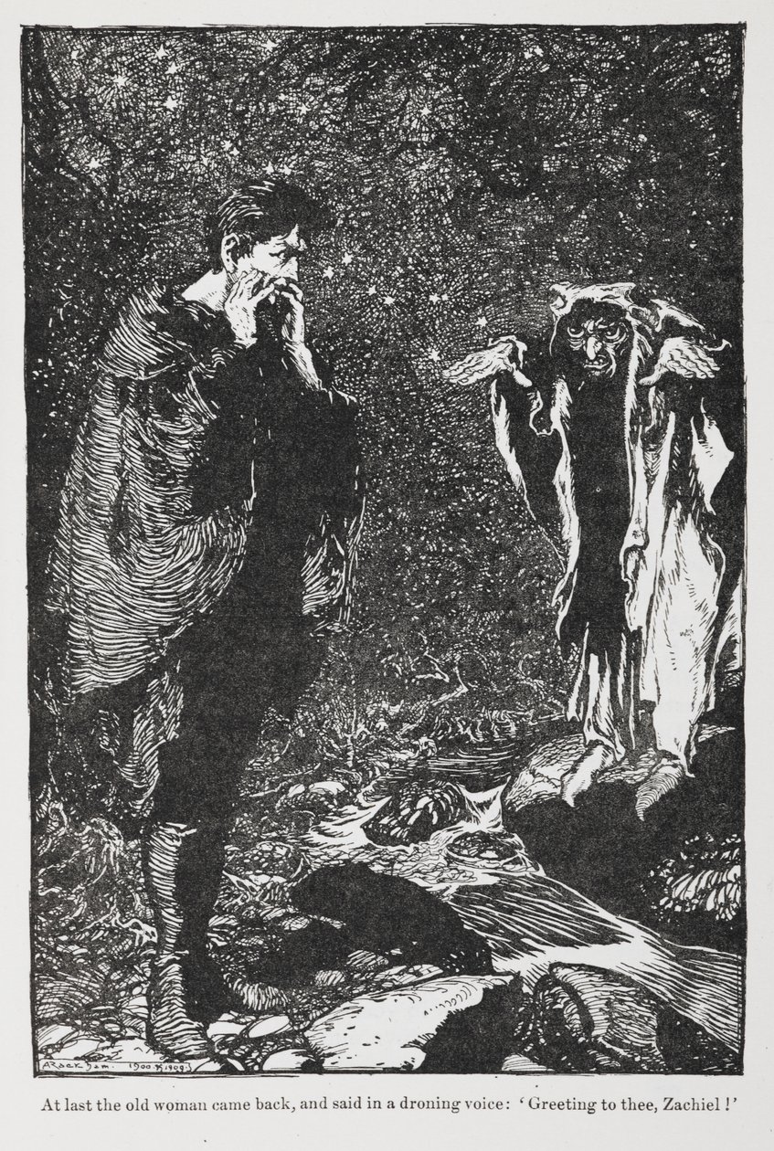 Illustration from Jorinda and Joringel of Zachiel and the Old Woman. by Arthur Rackham