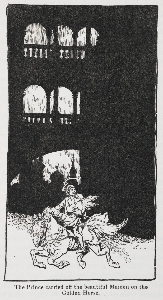 Illustration from The Golden Bird When the Prince Carries Off the Maiden on Horseback. by Arthur Rackham