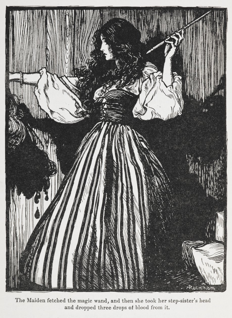 Illustration of a girl in a stripey dress from Sweetheart Roland by Arthur Rackham
