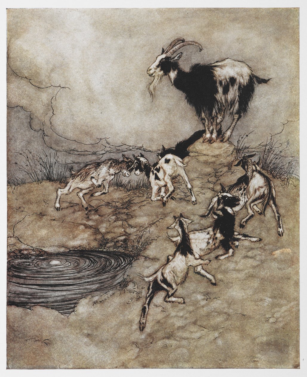 Illustration of a goat and her young kids playing from The Wolf and the Seven Kids by Arthur Rackham