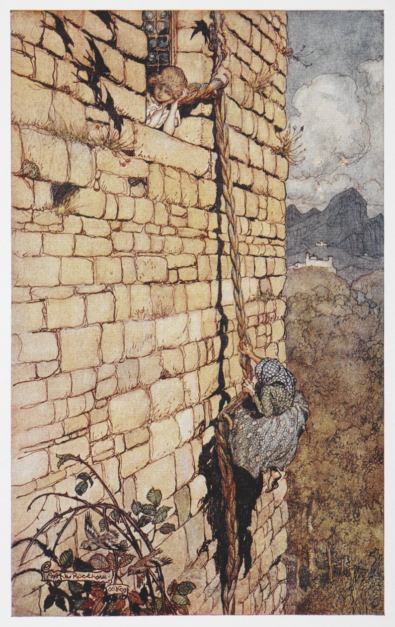 Illustration of the witch climbing up Rapunzel