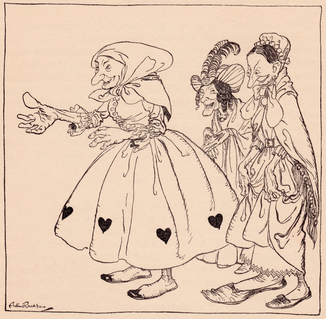 In came the three women dressed in the strangest fashion (Illustration by Arthur Rackham from Grimm