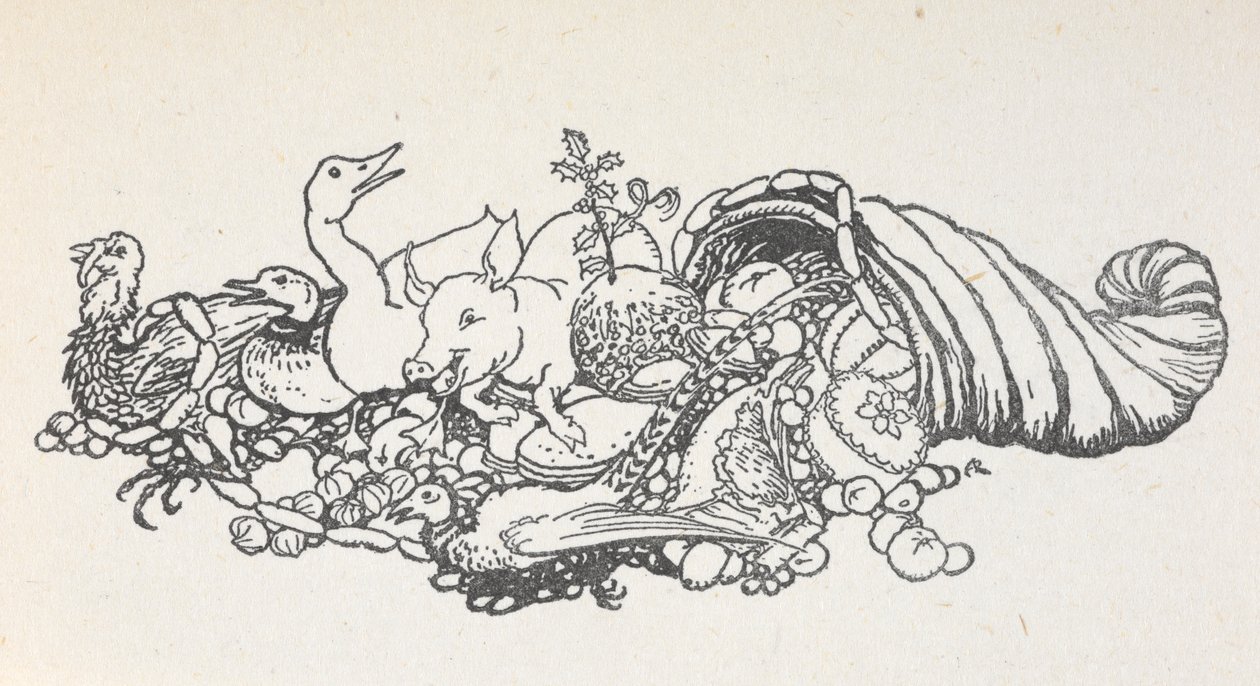 Items from a Christmas feast spilling out from a horn-shape. Items include a Christmas pudding, sausages, a turkey, a pig, a duck, a pheasant, a pie and fruits by Arthur Rackham