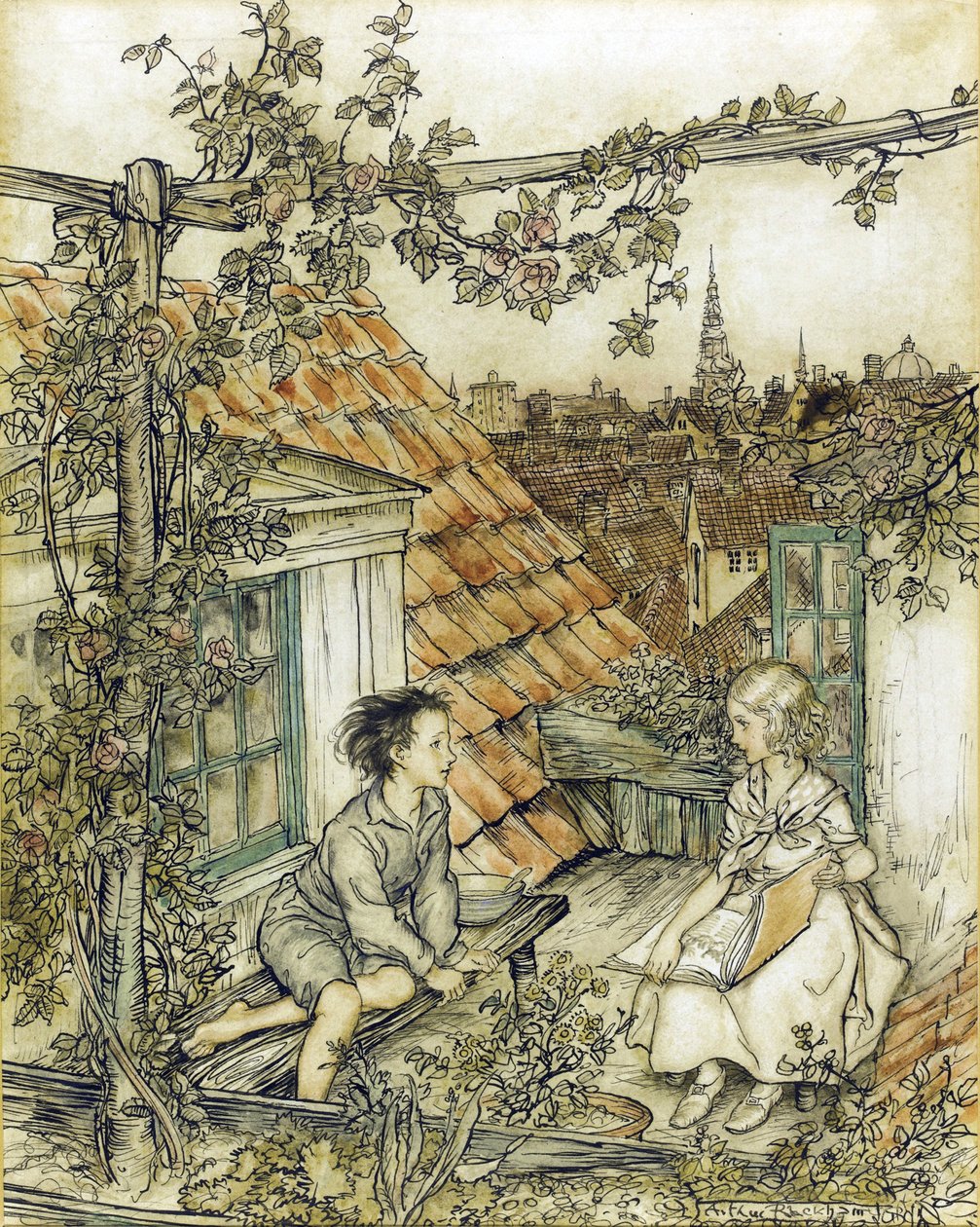 Kay and Gerda in their garden high up on the roof. Illustration for the tale of The Snow Queen by Arthur Rackham