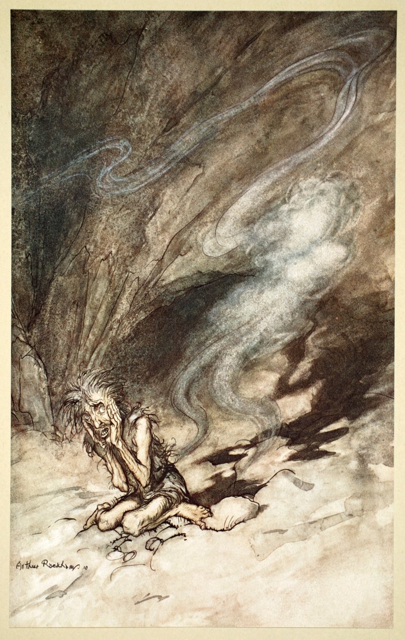 Mime writhes under the lashes he receives, 1910 by Arthur Rackham