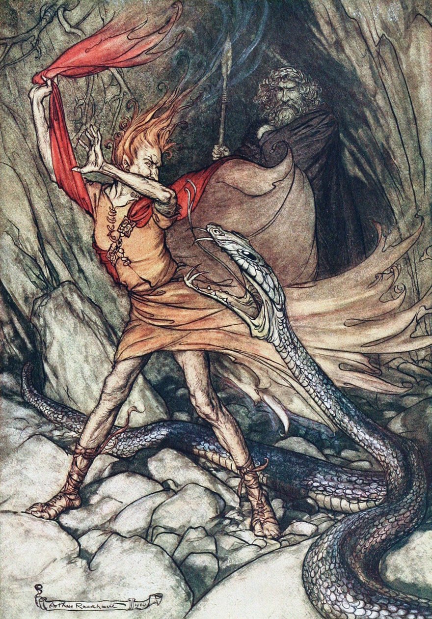 Ohe! Ohe! Terrible Dragon, Oh, Swallow Me Not! Illustration for The Rhinegold and The Valkyrie by Arthur Rackham