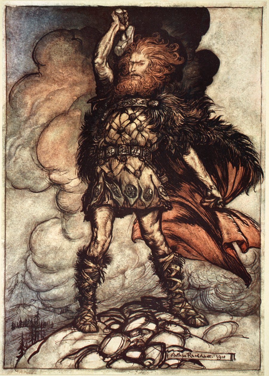 One of the Gods, Donner, Summons the Mist Away, 1910 by Arthur Rackham