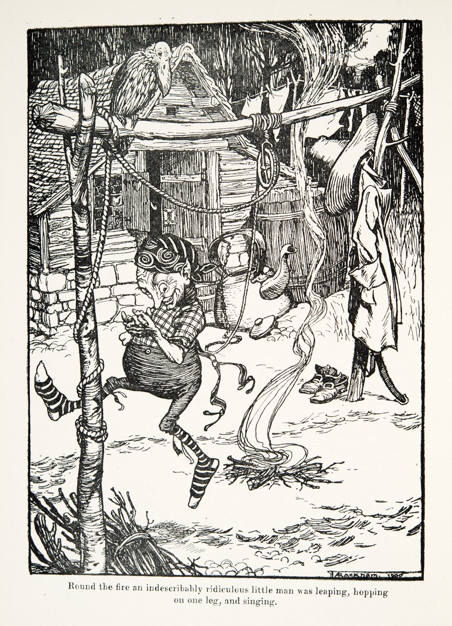 Round the fire an indescribably ridiculous little man was leaping, hopping on one leg, and singing by Arthur Rackham