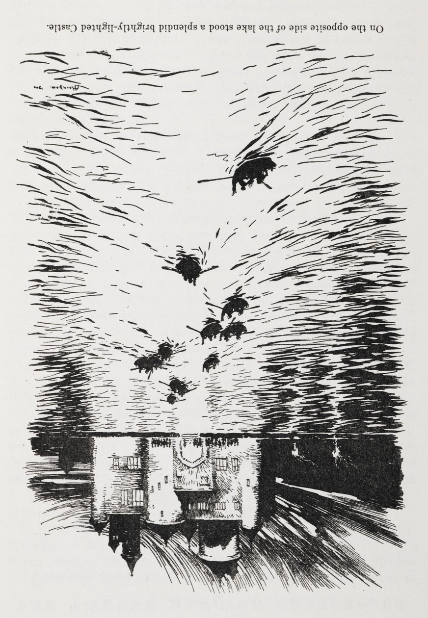 Rowing Boats on a River Approaching a Castle at Night. by Arthur Rackham