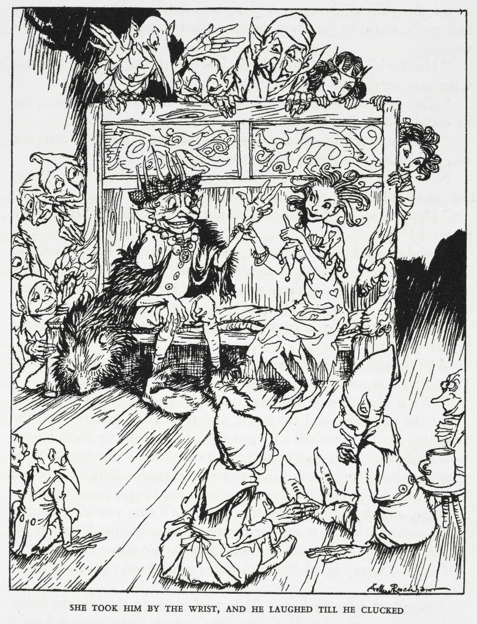 She took him by the wrist, and he laughed till he clucked. Elfin maidens and goblins. Illustration for 