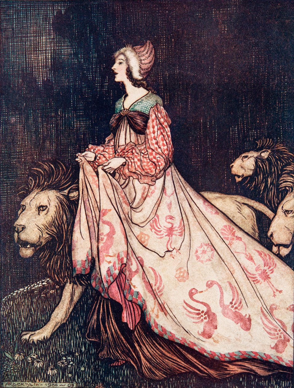 She went away accompanied by the Lions by Arthur Rackham