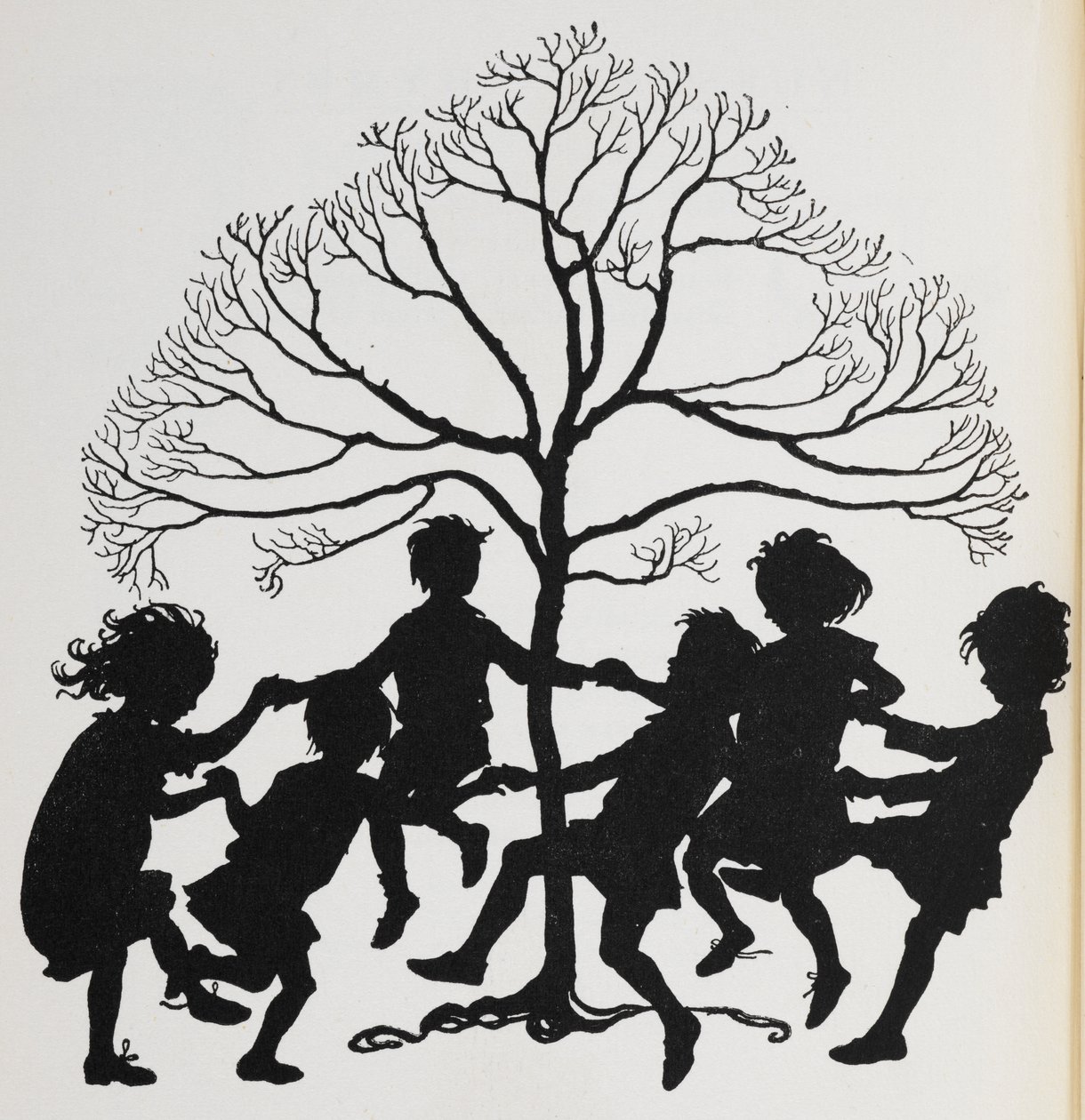 Silhouette of children dancing around a tree by Arthur Rackham