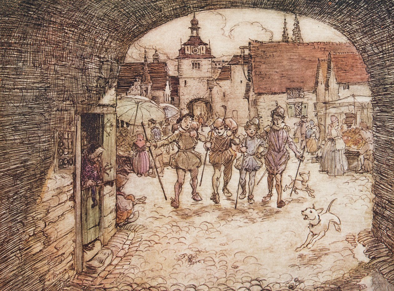 So the four Brothers took their sticks in their hands, bade their Father good-bye, and pass out of the town gate by Arthur Rackham